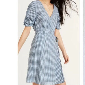 Madewell Gingham Shirred -Sleeve Wrap Dress in Blue & White Size XXS linen blend